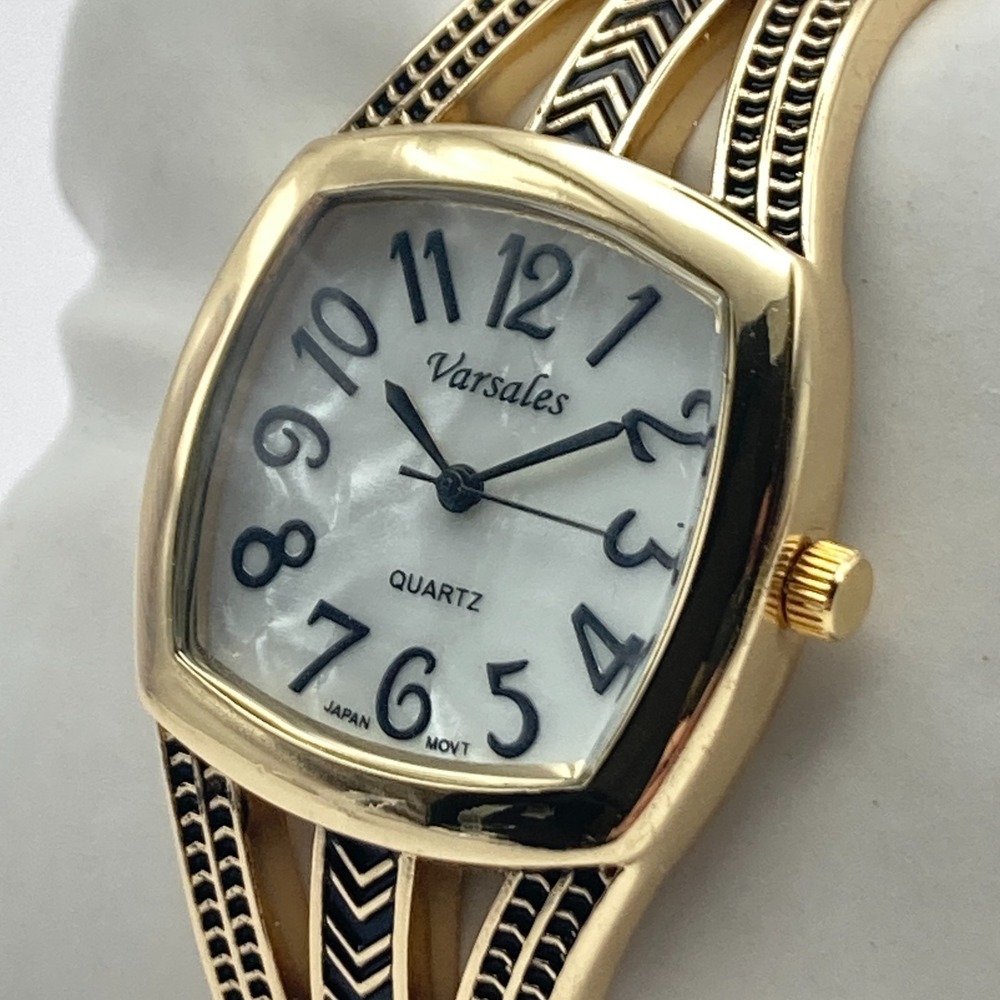 Varsales Women's Watch Gold Tone Cuff MOP Dial Textured Band New Battery 6.75"